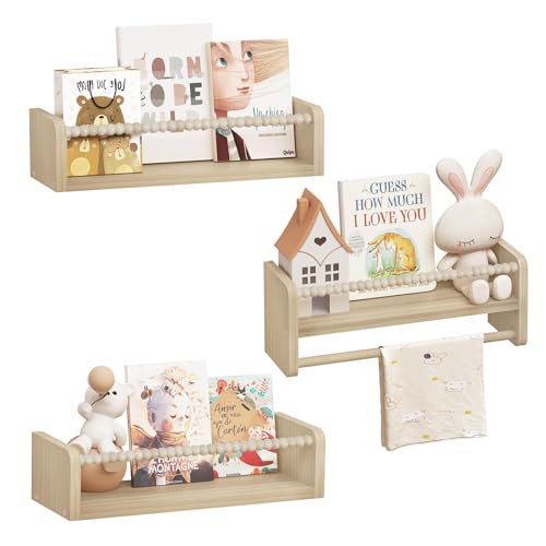 Woltu Kinder Wandplank Set van 3 - Massief Hout - 40 cm - Met Houten Kralen - Veilig en Praktisch