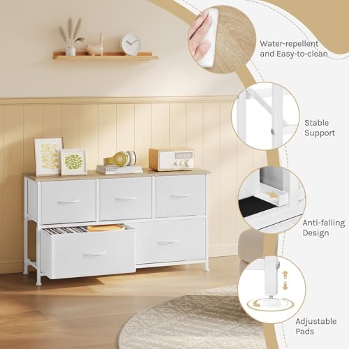 Woltu Ladekast met 5 Stoffen Laden - Metalen Frame - Wit - 100x30 cm