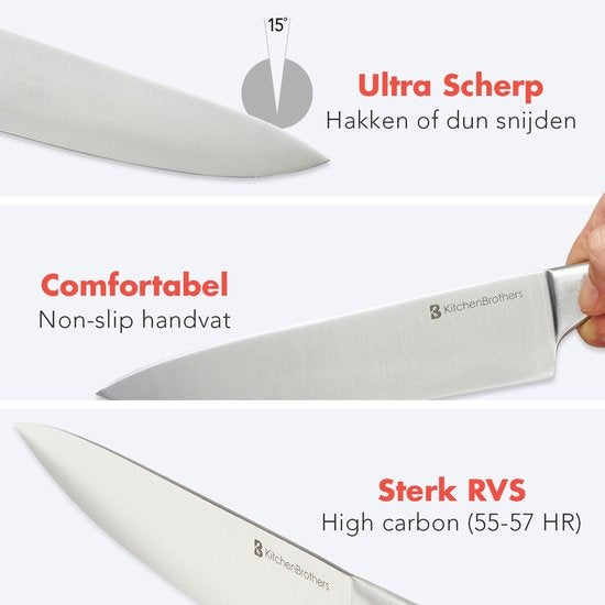 KitchenBrothers Messenset - Messenblok - 16-Delig - met Schaar en Aanzetstaal - Zilver/ RVS