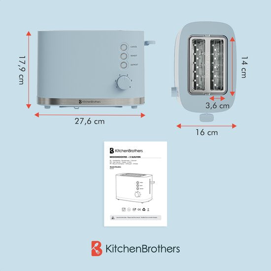 KitchenBrothers Broodrooster - Toaster - 6 Instelbare Warmteniveaus - 2 Extra Brede Sleuven - 870W - Pastel Blauw