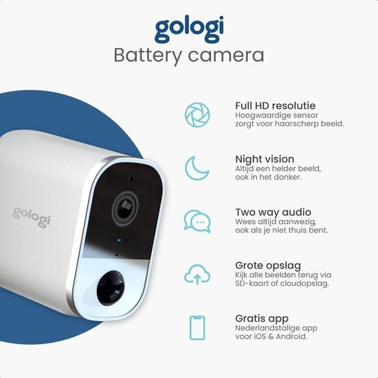 Gologi draadloze beveiligingscamera – oplaadbaar – Full HD nachtzicht & bewegingsdetectie – 12 x 5 x 8 cm – wit