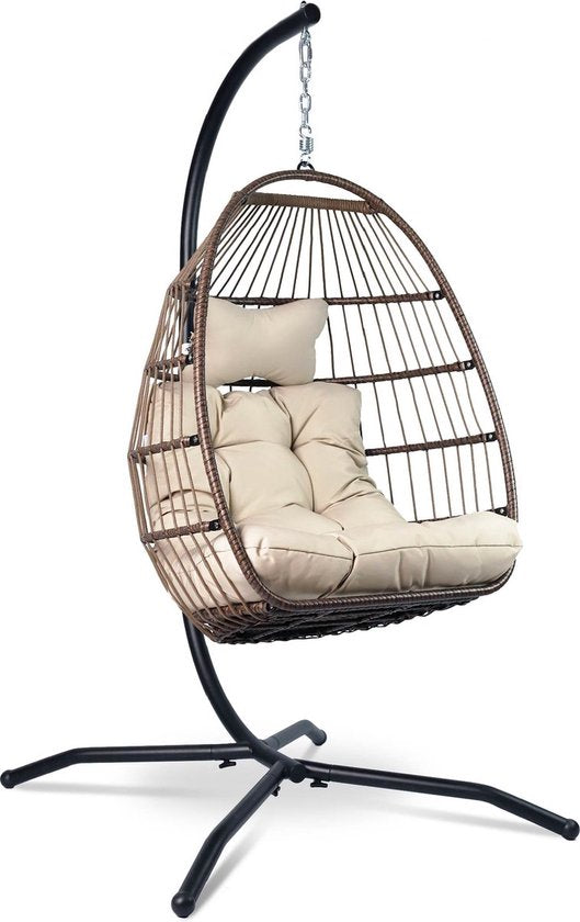 Vita5 Egg Hangstoel – Voor Binnen en Buiten – tot 150kg – Opvouwbaar - Incl. Standaard & Kussen – Cocoon Stoel - Crème Wit
