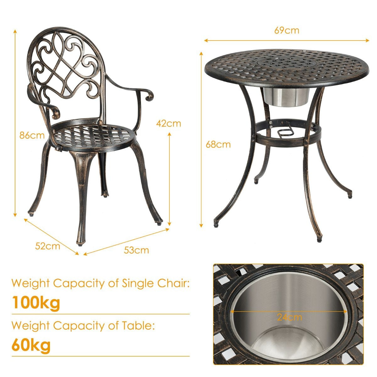 Coast Bistroset 3-Delig - Metaal - Met Ijsemmer - Max. 100 kg - Brons