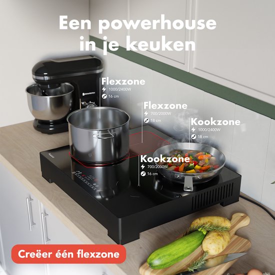 KitchenBrothers Inductie Kookplaat – 4 Zones (1x Flexzone) – Tot 3500W – 1 Fase – 59,5 x 52,5 x 10,9 cm – Zwart
