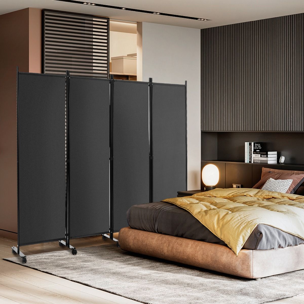 4-Delige Opvouwbare Ruimteverdeler met Wieltjes – 225 x 173 cm – Grijs – Inkijkbescherming en Scheidingswand