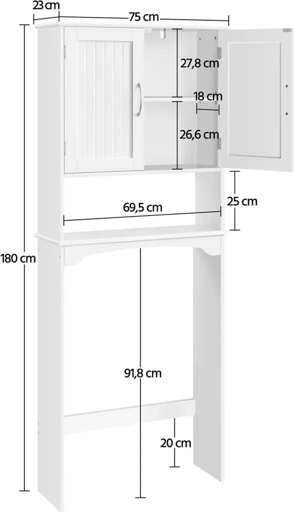 Yaheetech Badkamerkast 75 x 23 x 180 cm - Wit - Opbouwkast voor Toilet of Wasmachine met Verstelbare Plank