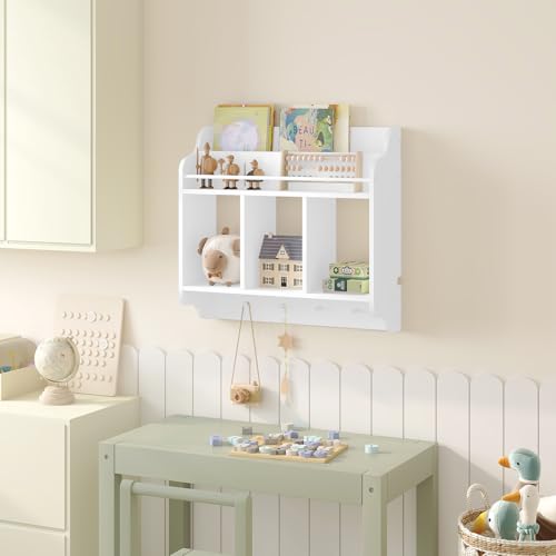 Woltu Zwevende Wandplank voor Kinderen - Boekenkast met 3 Compartimenten en 4 Haakjes - Wit - 60 x 20 x 57 cm