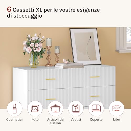 Woltu Ladekast met 6 Lades Wit met Gouden Metalen Poten 100 x 40 x 75 cm