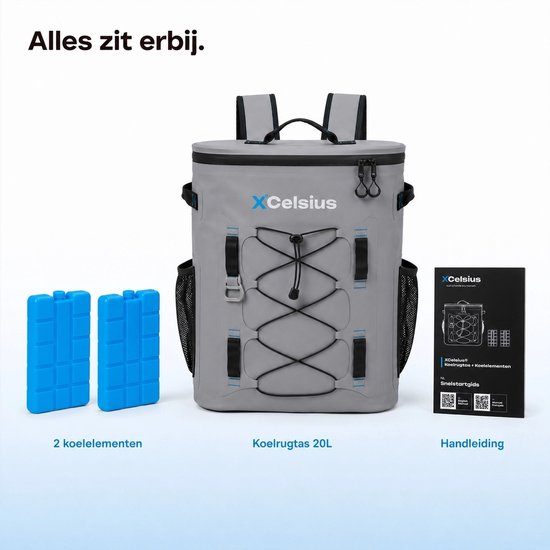 XCelsius® Koeltas Rugzak 20 Liter – Koelrugzak met 2 Koelelementen en Flessenopener – Minstens 24 Uur Koel – 100% Waterdicht – Koelrugtas voor Strand, Festival, Boot en Camping – Grijs