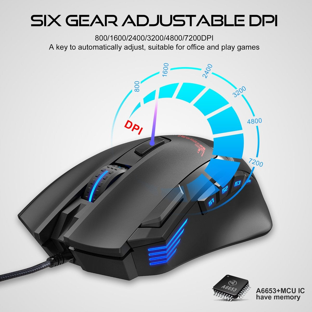 HXSJ S600 Pro Optisch Gaming Muis - Programmeerbaar - RGB licht - Ergonomisch - 7200DPI - Zwart