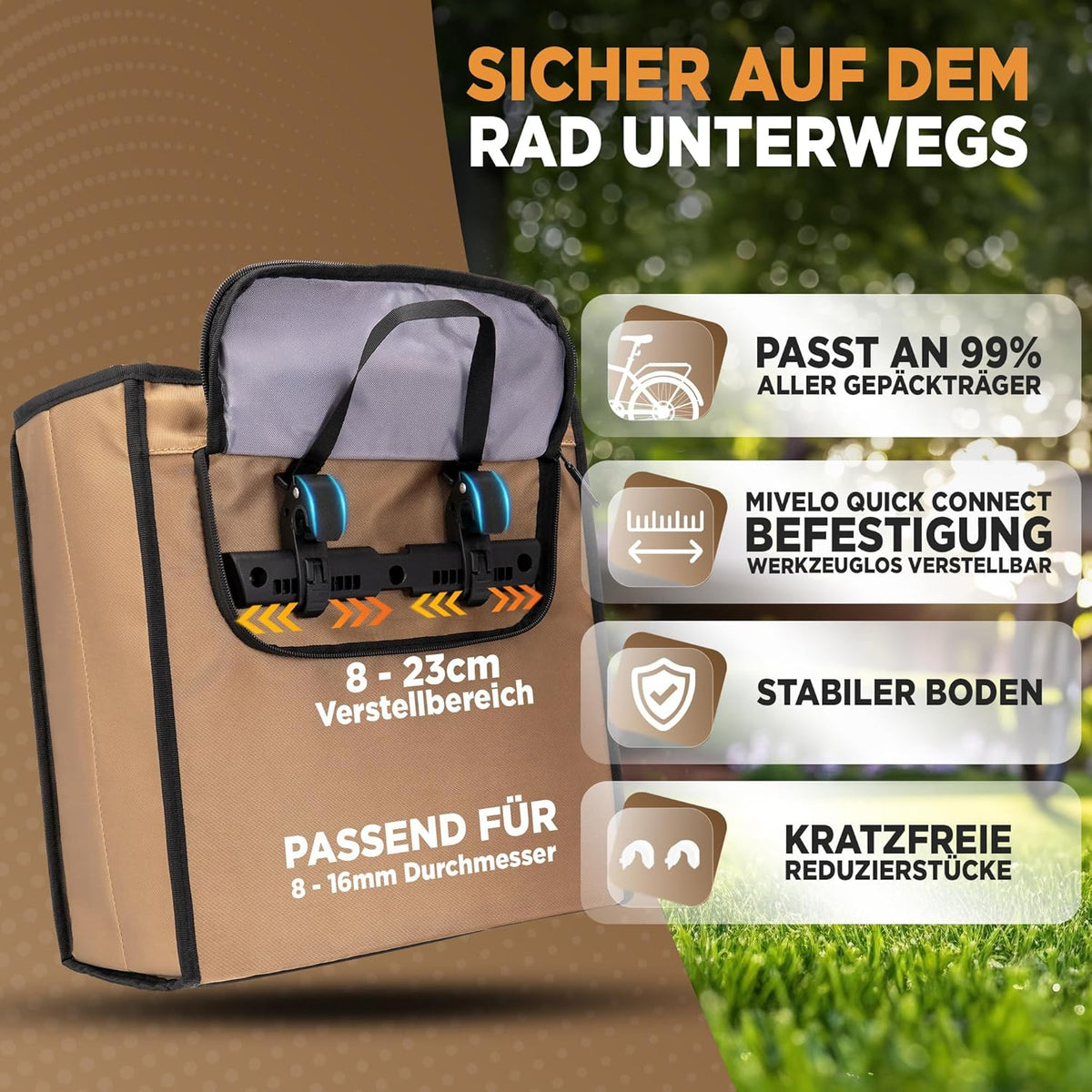 MIVELO - Fietstas Voor Boodschappen - 25 liter Inhoud & Afneembare Koeltas - Polyester - Beige