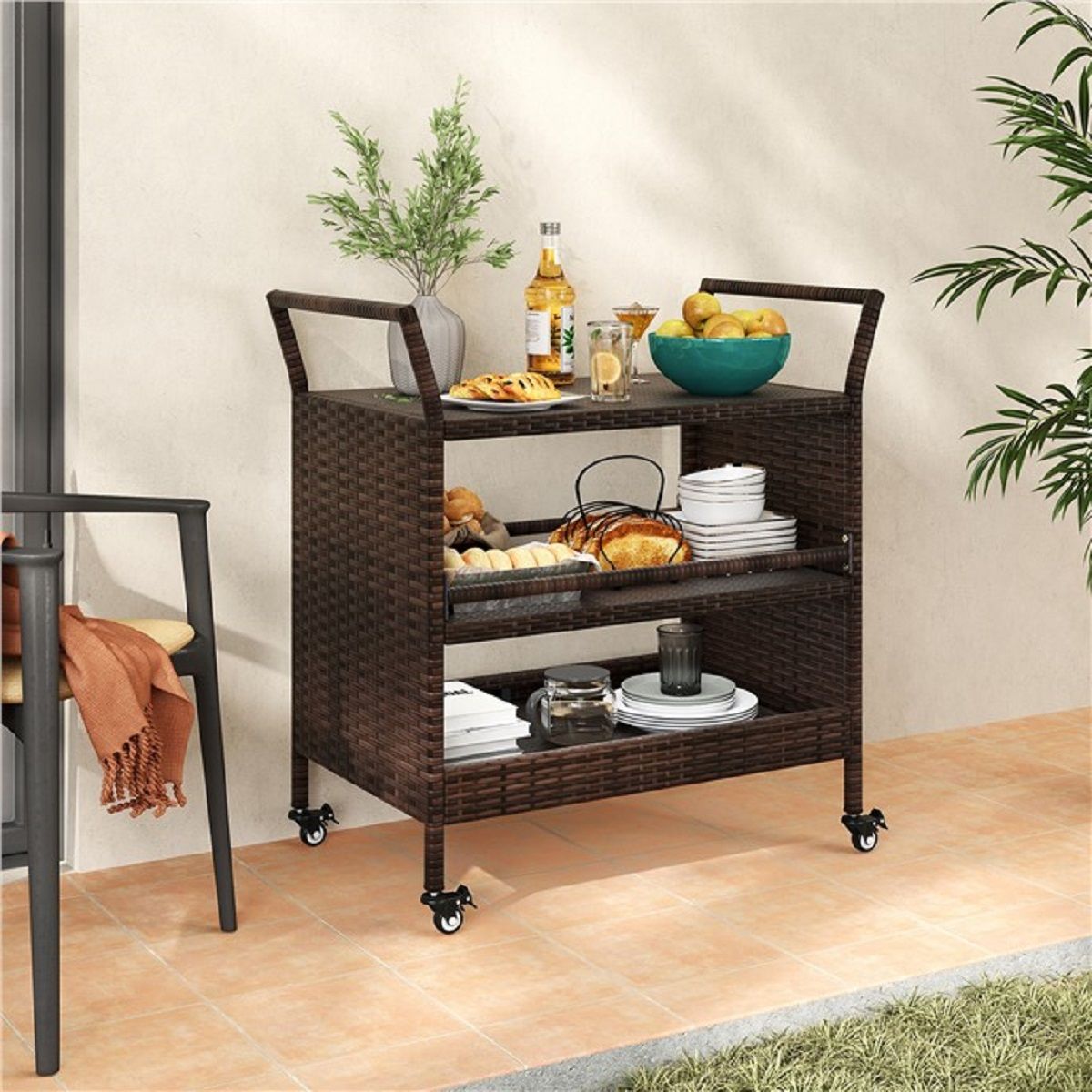 Coast Buitenbarwagen - 3 lagen - Rattan met vergrendelbare wielen - Bruin - 86 x 50 x 89 cm