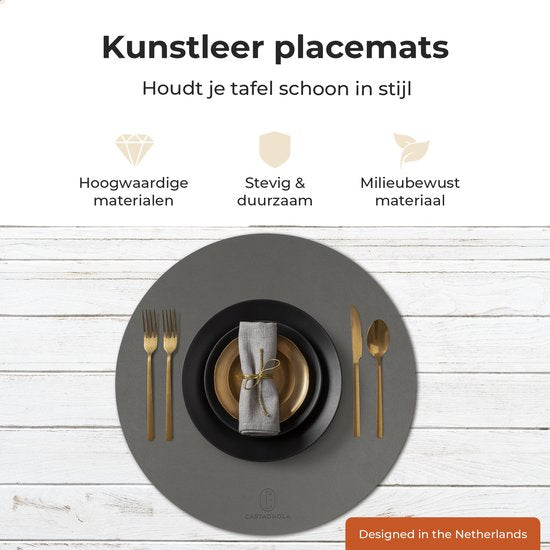 Castagnola Lederlook Placemats - Ronde Placemats - Antislip Placemat van Kunstleer - Waterafstotende Onderlegger - Onderzetter - 6 Stuks - Diameter 38 cm - Grijs