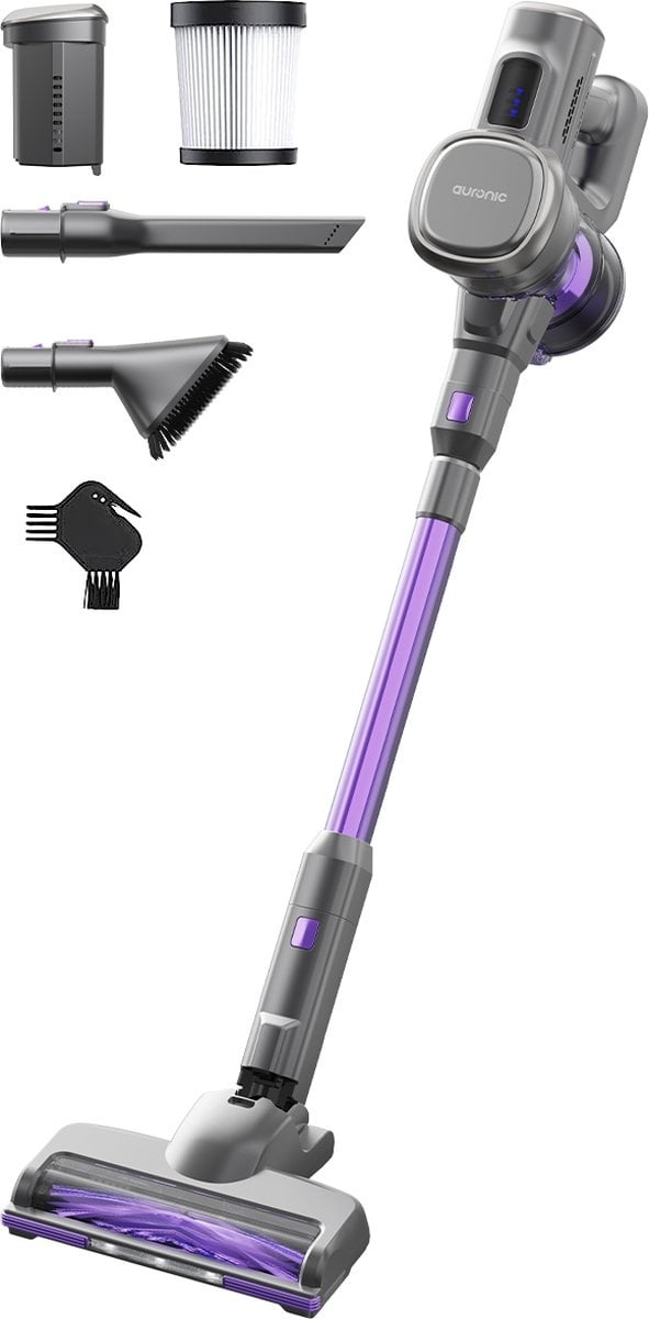 Auronic Steelstofzuiger - Zelfstaande Draadloze Steelstofzuiger - Zonder Zak - 220W - Vacuum Cleaner - Grijs/Paars