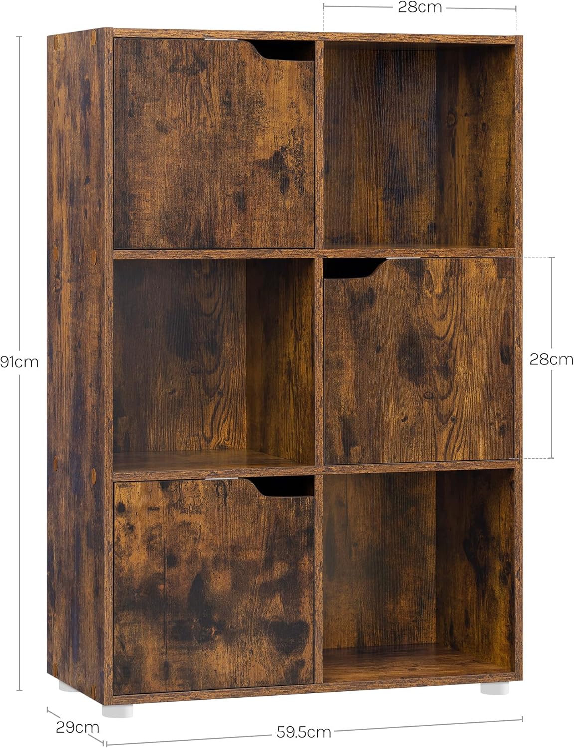 Woltu 6-Vaks Boekenkast met Deuren - Rustiek Bruin - 59,6 x 29 x 91 cm - Opbergkast met 6 Compartimenten voor Woonkamer, Kantoor en Slaapkamer