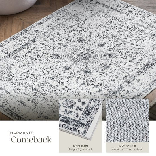 tectake® Vintage design tapijt - Dalia - Laagpolig vloerkleed voor woonkamer, kinderkamer, slaapkamer of hal - Wasbaar - Div. afmetingen - 120x170cm - grijs