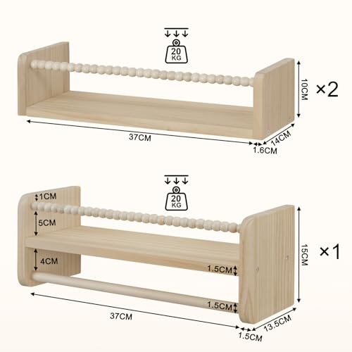 Woltu Kinder Wandplank Set van 3 - Massief Hout - 40 cm - Met Houten Kralen - Veilig en Praktisch