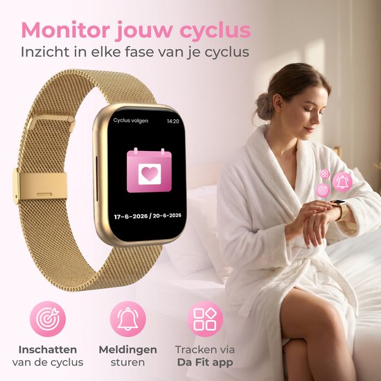 Nuvance Smartwatch Dames - Stappenteller Horloge Dames - Hartslagmeter - Sporthorloge - Geschikt voor iOS/Android - AMOLED - Incl. 5 Bandjes - Goud