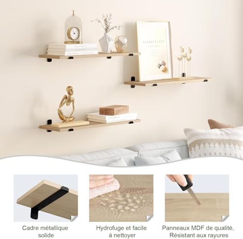 Eugad Set van 3 Zwevende Wandplanken Retro Stijl - Zwart en Licht Hout - 60 x 20 x 7 cm
