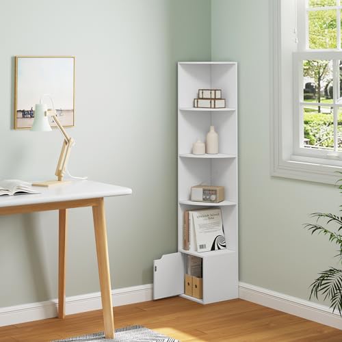 Woltu Hoekboekenkast met 5 Planken en Kastdeur - Wit Hout - 29,5 x 29,5 x 158 cm