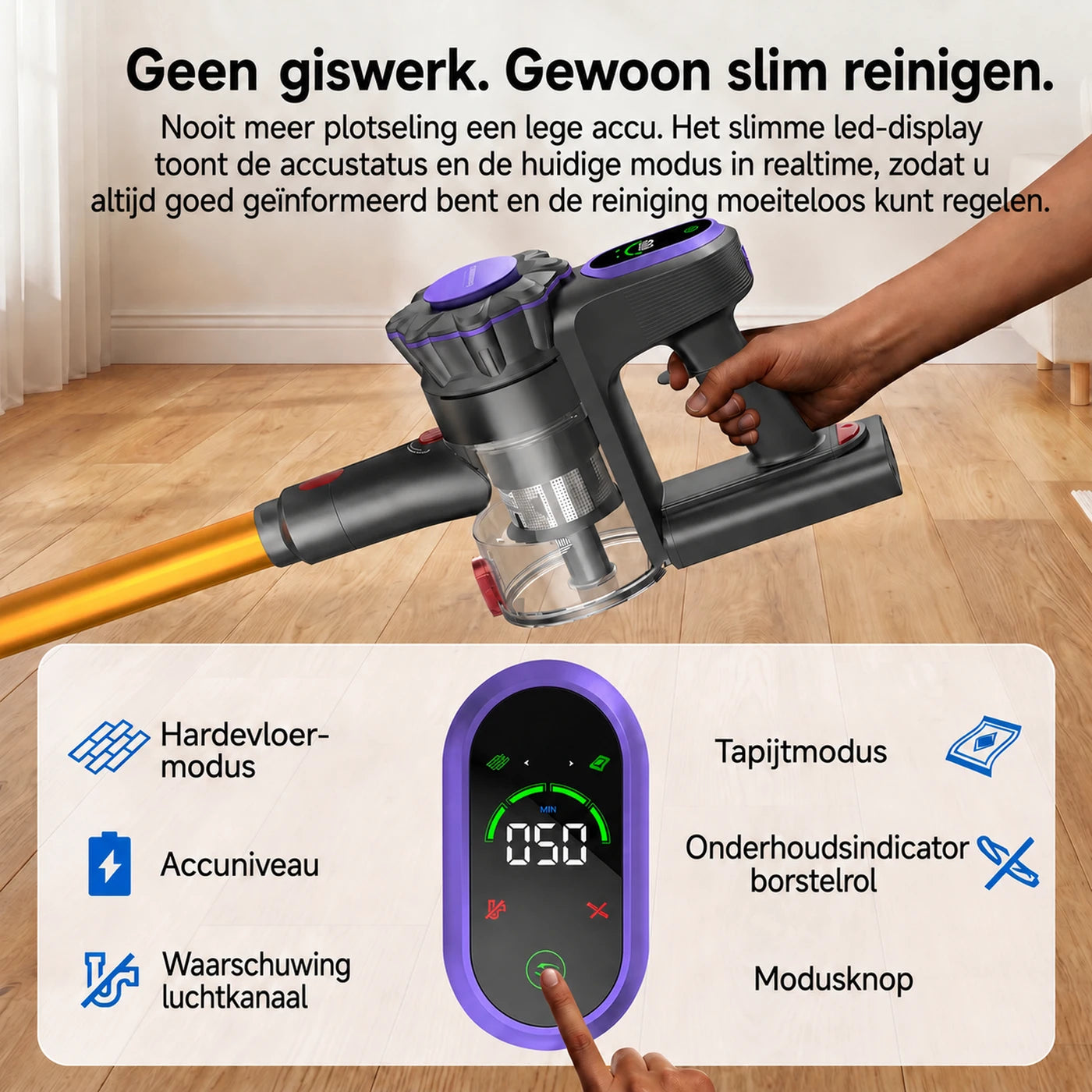 Monsga ME03 Draadloze Steelstofzuiger - 550 W - 55 kPa - 55 Min Looptijd - 1,2 kg - Anti-Klit Borstel - Afneembare Accu - Groen Detectielicht