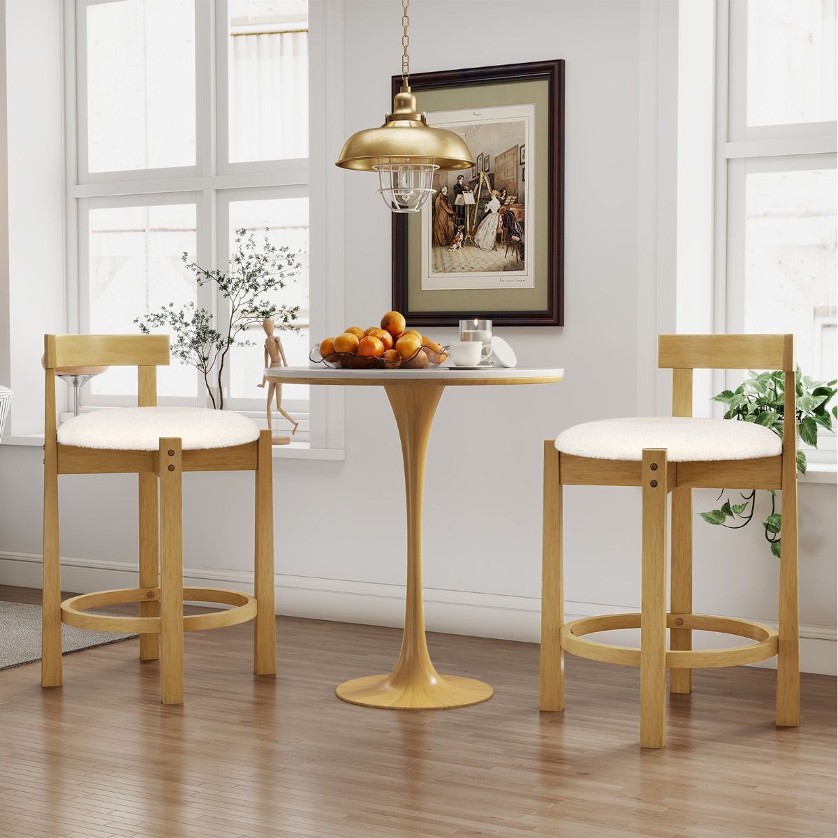 Coast Barkrukken Set van 2 - met rugleuning en voetsteun - teddyvelours zitting - zithoogte 62 cm - natuur en beige