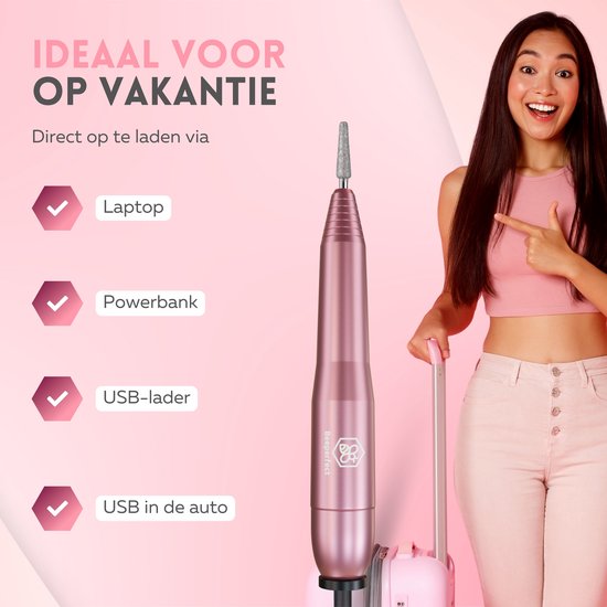 Beeperfect® Elektrische Nagelvijl - Nagelfrees - Manicure en Pedicure set - 12 Bitjes en 60 Schuurrolletjes - 4 Extra accessoires - Roze