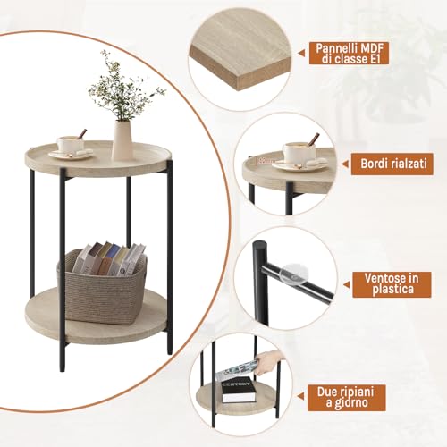 Woltu Ronde Salontafel met 2 Planken - Verwijderbare Bovenplaat - Metaal en Licht Eikenhout - Ø 43 cm