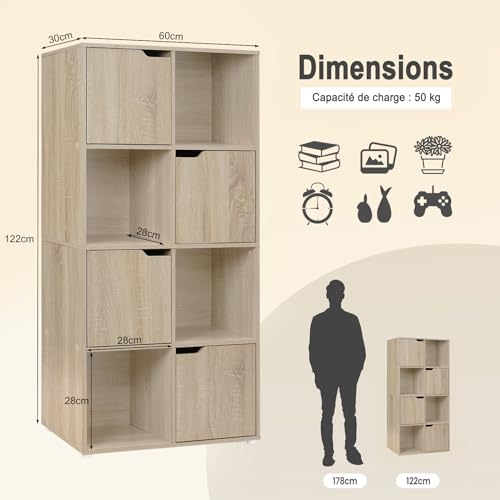 Woltu Boekenkast SK039hei - Opbergkast met 8 Vakken en 4 Deuren - Spaanplaat Licht Eiken - 60x30x120 cm