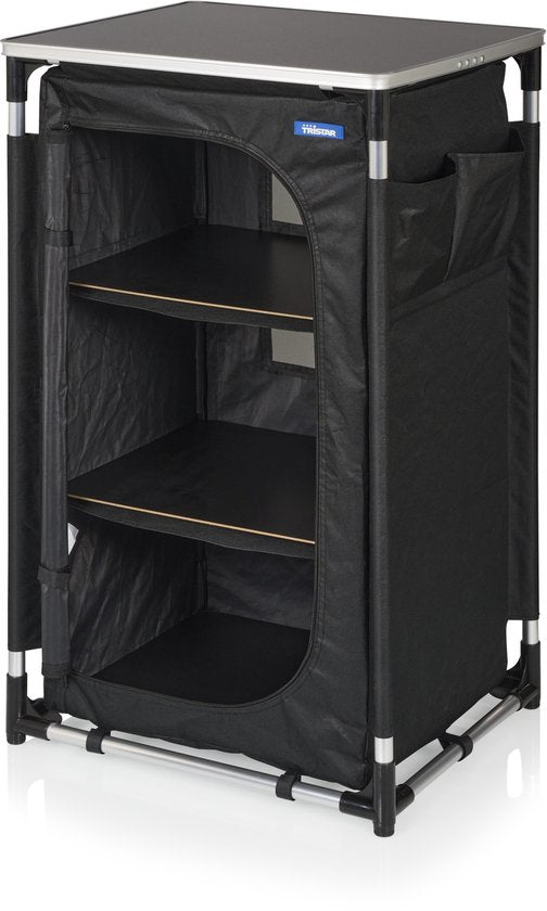 Tristar Campingkast Inklapbaar – Aluminium Frame – 3 Lagen – Verstelbare Poten – Zijvakken – Inclusief Draagtas – Zwart - CU-0809