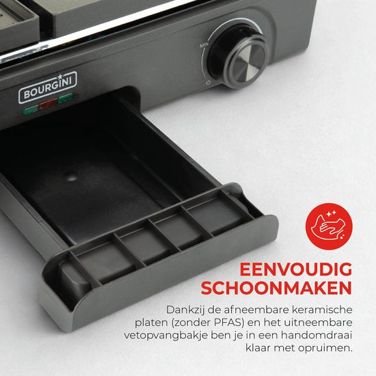 Bourgini Plancha Pure voor 8 personen – Keramische coating (PFAS-vrij) – Elektrisch – Gezond grillen - Bakplaat - Grillplaat - Keerbare bakplaat ribbel en vlak