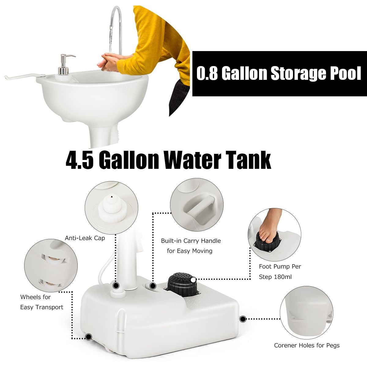 Coast. Campingwastafel - 17 Liter Watertank - Voetpomp & Handdoekhouder - 51x33x102 cm - Wit