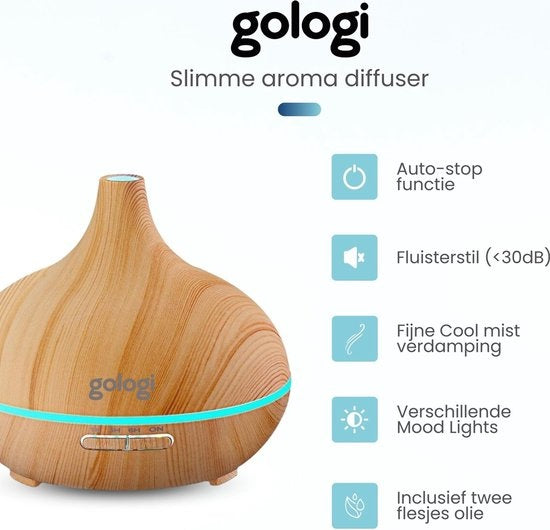 Gologi Slimme Aroma Diffuser - 550ML - Luchtbevochtiger - Geurverspreider - LED verlichting - Incl. 2 Etherische Oliën - Lichtbruin
