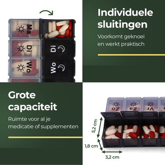 Gandria Pillendoos 7 Dagen - Pillendoosje - Pillesdoosjes met 14 Compartimenten - Medicijndoos met Stevige Sluiting - Grote vakken - Zwart