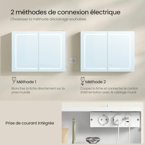 Eugad Badkamerkast met LED Spiegel en Touch Licht - Wit - 80 x 14,5 x 60 cm