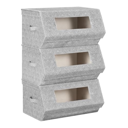 Woltu Stapelbare Opbergdozen met Deksel Grijs en Beige 50x25x35 cm Set van 3