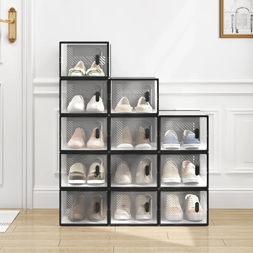Woltu Set van 12 Transparante Schoenopbergdozen Stapelbaar met Voorzijde - 35 x 25 x 19 cm