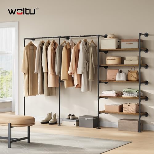 Woltu Kledingrek Wandmontage Open Kast Industrieel Zwart Metaal Vintage Bruin