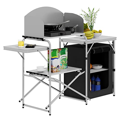 Woltu Campingtafel Zwart/Wit – Inklapbare Campingkeuken met Opbergtas – 147 x 40 x 111 cm