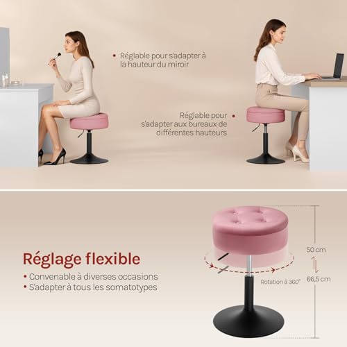Woltu Make-up Kruk met Opbergruimte - Verstelbare Barstoel 50-66,5 cm - Ronde Zitting - Fluweel Roze