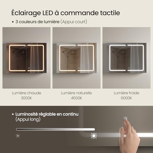 Eugad Badkamerkast met LED Spiegel en Touch Licht - Wit - 80 x 14,5 x 60 cm