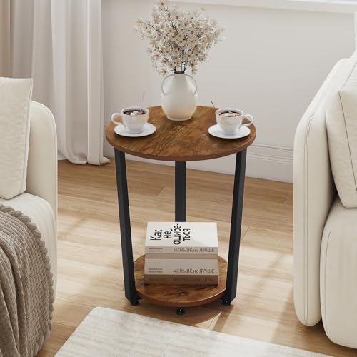 Woltu Ronde Salontafel met 2 Planken - Metaal en Hout - Rustiek Bruin - 50 x 53 x 50 cm