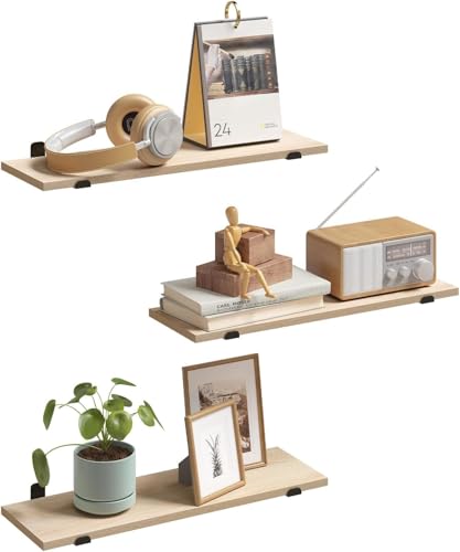 Eugad Set van 3 Zwevende Wandplanken Retro Stijl - Zwart en Licht Hout - 60 x 20 x 7 cm
