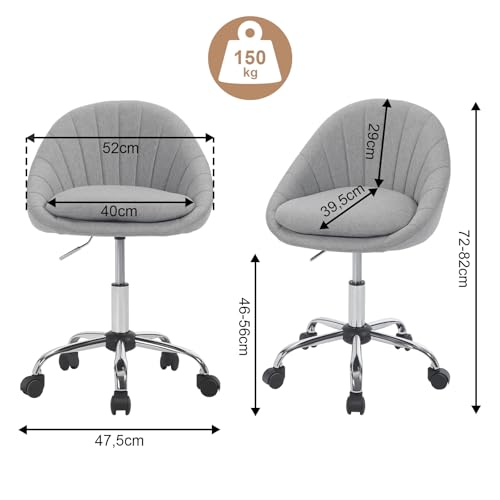 Woltu Bureaustoel Ergonomisch - Met Wielen, Draaibaar, Linnen Bekleding Grijs - Metalen Frame, 10 cm Verstelbaar, BS168gr