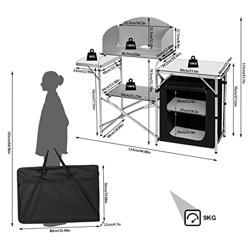 Woltu Campingtafel Zwart/Wit – Inklapbare Campingkeuken met Opbergtas – 147 x 40 x 111 cm