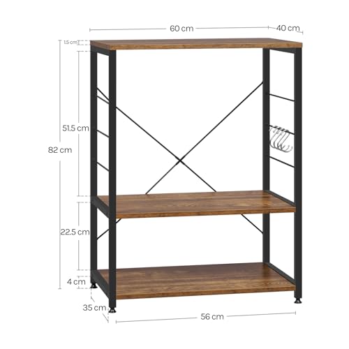 Woltu Keukenrek met 4 S-vormige Haken - Stalen Keukenwagen met MDF Planken - Zwart - 60 x 40 x 82 cm