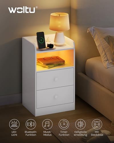 Woltu Nachtkastje met LED-verlichting en Stopcontact Wit 40 x 35 x 64 cm