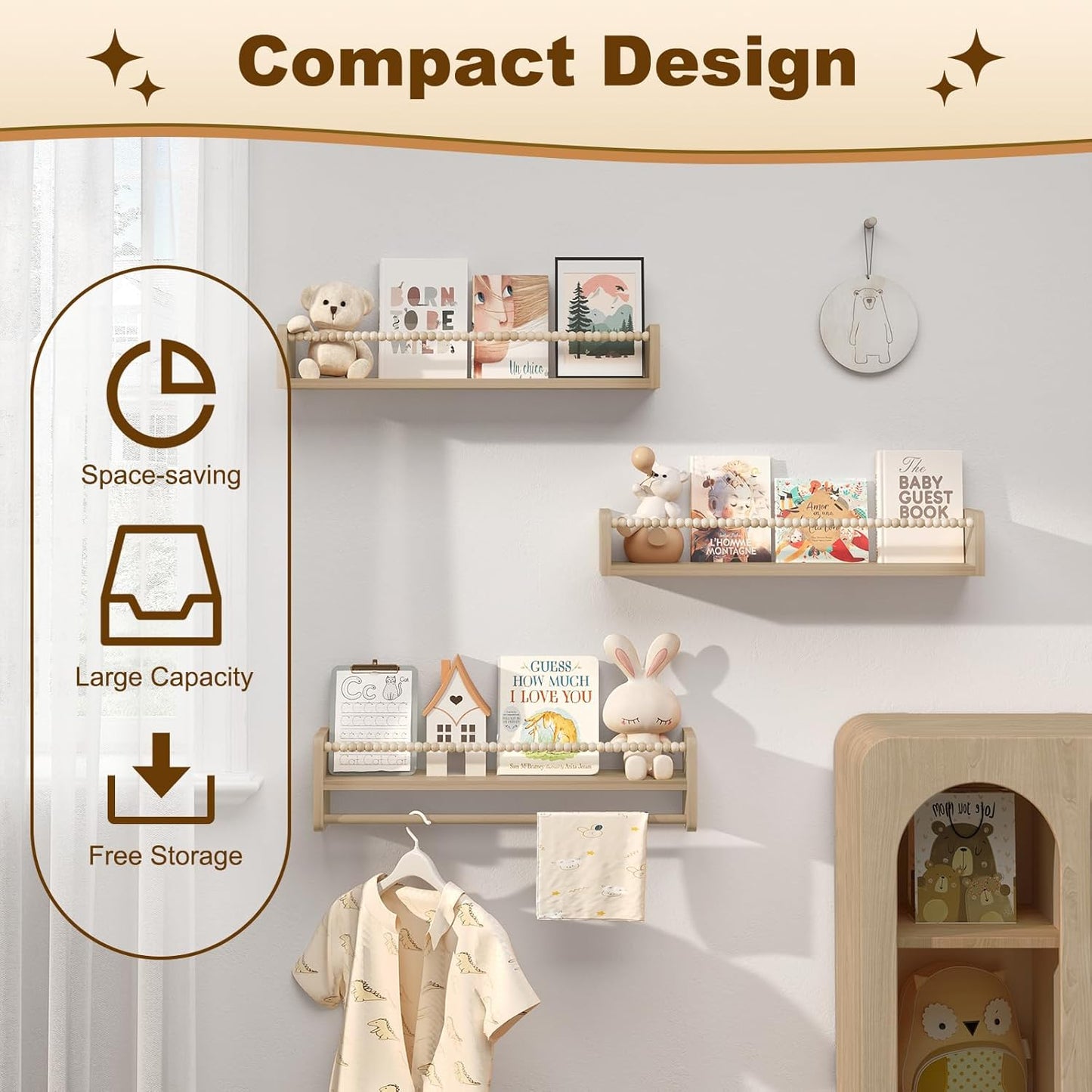 Woltu Set van 3 Montessori boekenplanken voor aan de Muur - 60 x 14 x 15 cm - Massief Grenenhout - Natuurlijk Hout - Wandplanken voor Boeken, Speelgoed en Decoratie