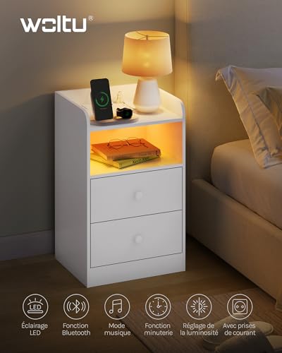 Woltu Nachtkastje met Oplaadstation en LED-verlichting Wit 40x35x64 cm