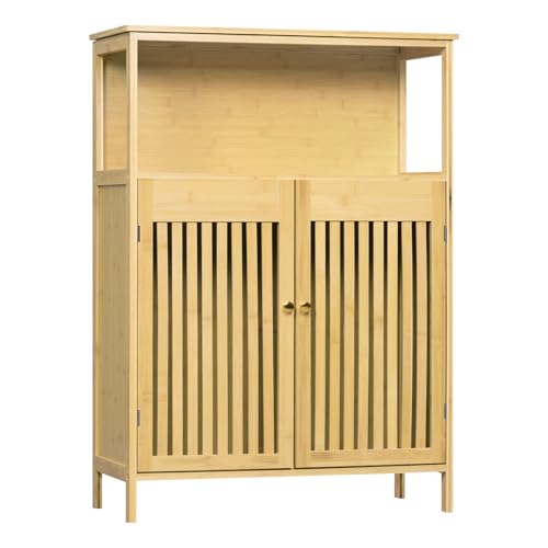 Eugad Badkamerkast met 2 Lamellen Deuren en Verstelbare Planken - Bamboekleur 70 x 98 x 32 cm